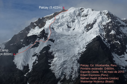 Rota da primeira escalada realizada com sucesso no Palcay. Foto de Waldemar Niclevicz.