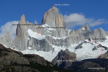 “Californiana”, rota que realizamos no Cerro Fitz Roy ou Chaltén (3.405m), uma das montanhas mais desejadas pelos alpinistas de todo o mundo. Foto de Waldemar Niclevicz.