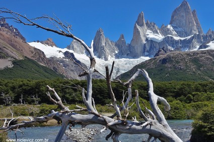 O imponente Fitz Roy (3.405m), à direita da foto. O Mojon Rojo (2.170m) é a menor montanha do lado esquerdo, sob o galho da árvore ao fundo.