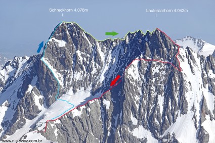 Subida Crista W do Schreckhorn, travessia “Lauteraargrat”, descida do Lauteraarhorn pela Crista SE / Face Sul / Crista SW. Início e final Schreckhornhütte (2.529m). Foto de Waldemar Niclevicz do Finsteraarhorn (4.274m).