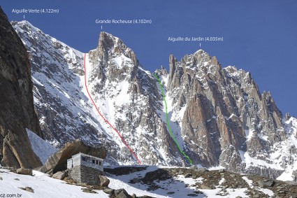 Desde o Refuge du Couvercle (2.687m) invernal, o Corredor Whymper em vermelho, e o Corredor Sul do Colo Armand Charlet em verde. Foto de Waldemar Niclevicz.